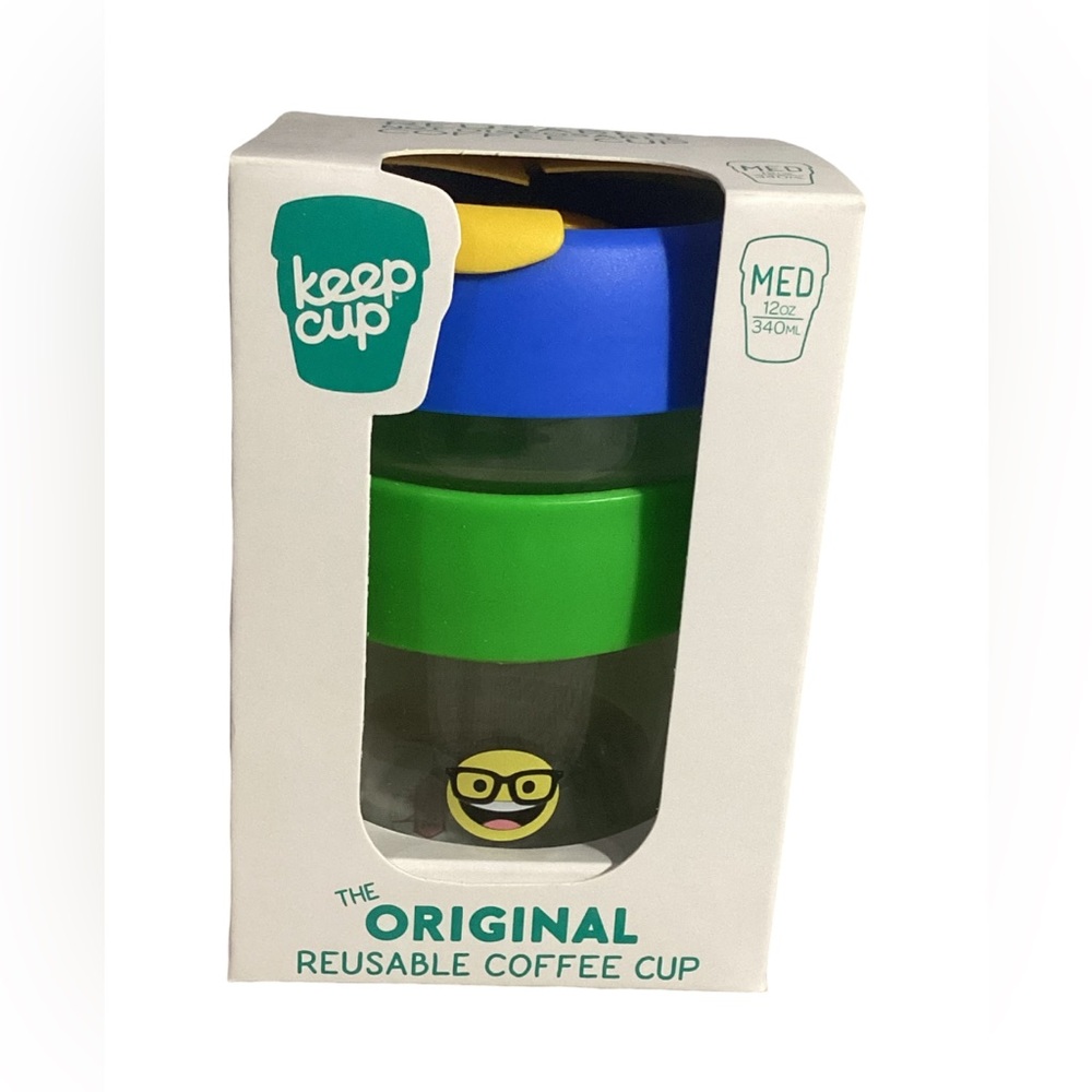 Keep Cup 12oz Clear Glass with Emoji Silicone Grip Band & Lid  NEW IN BOX